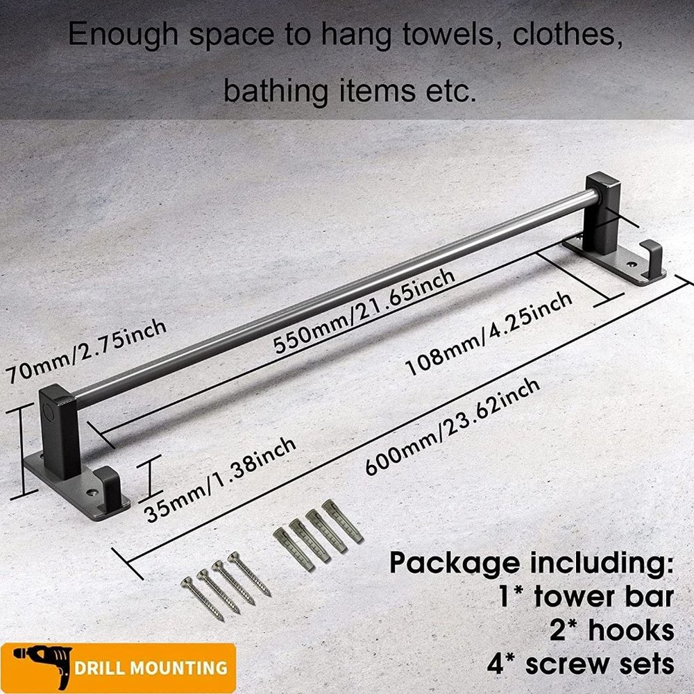 24 Inch Matte Black Towel Rack with Hooks - Picture 4 of 7